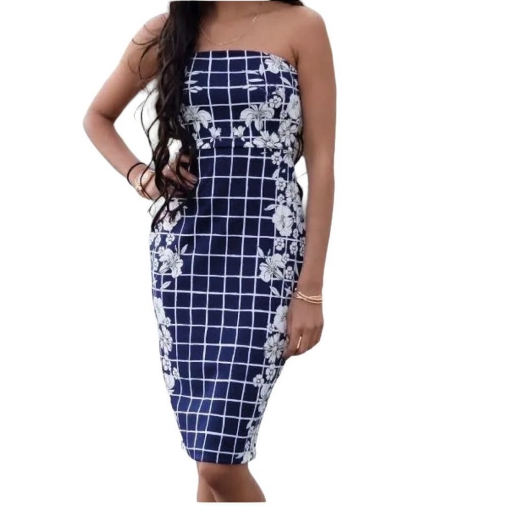Express Navy Blue and White Checkered Floral Strapless Dress‎